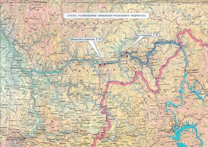 Схема размещения Нижнебогучанского гидроузла (кликните для увеличения)