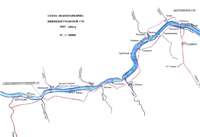 Схема водохранилища Нижнебогучанской ГЭС
