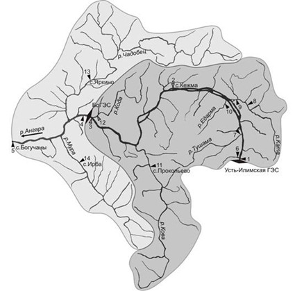 Рис. 1. Схема водосборного бассейна р.Ангары на участке от Усть-Илимской ГЭС до с.Богучаны