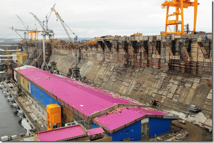 Апрель 2012 года. Общий вид строительства Богучанской ГЭС со смотровой площадки левого берега. Фото пресс-службы ОАО РусГидро