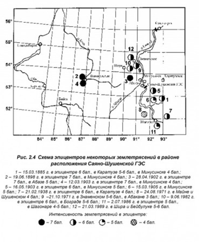 Схема эпицентров некоторых землетрясений в районе СШГЭС