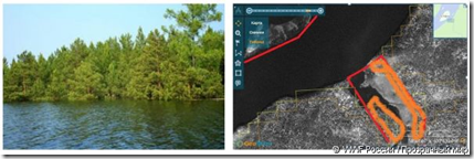 Знаменитые ангарские сосны уходят под воду. Вид с земли (воды) и из космоса. На космоснимке (справа) красным цветом показаны границы одного из спецучастков полной лесосводки ложа водохранилища Богучанской ГЭС (в месте впадения р. Парта в Ангару, напротив одноименного острова, съемка июнь 2012 г.). Оранжевым маркером показан один из районов, где лес вопреки всем нормативам не вырубили даже на спецучастке, и который ушел под воду. Фото: WWF России / Прозрачный мир